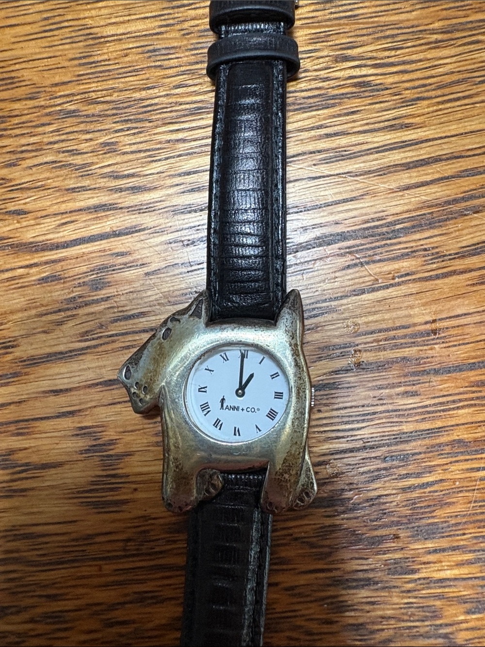 Women's Black Leather Strap Dog-Shaped Gold Tone Watch